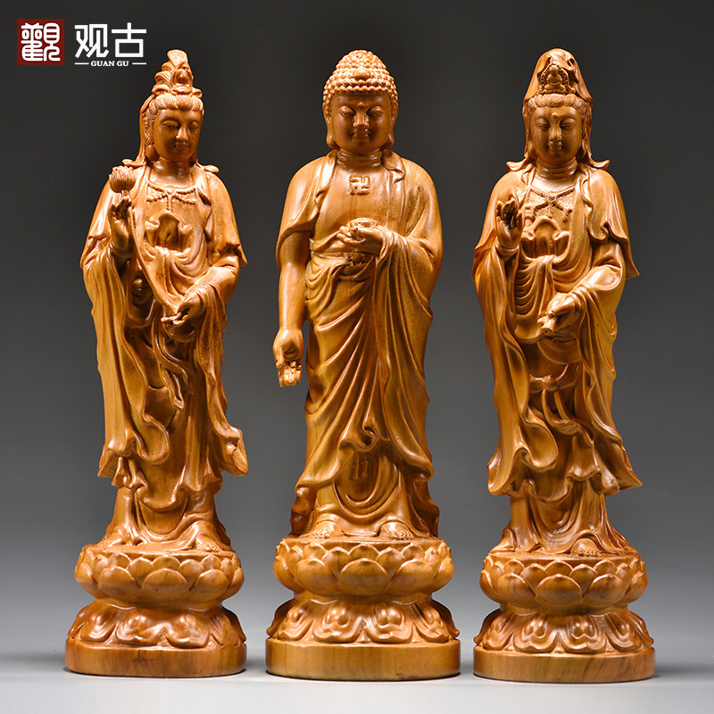 香樟木雕西方三圣佛像摆件工艺品