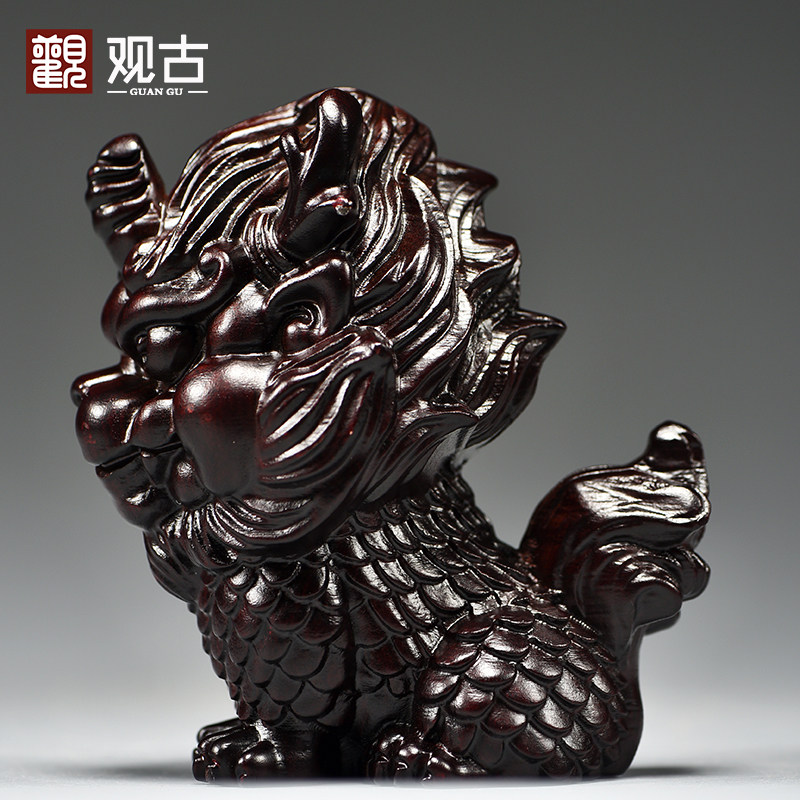 黑檀木雕麒麟摆件一对木头卧室家用家居玄关桌面装饰店铺开业送礼