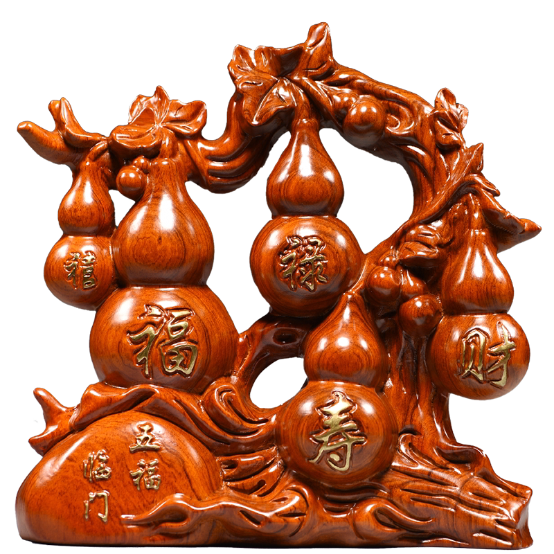 花梨木雕五福临门葫芦摆件装饰品