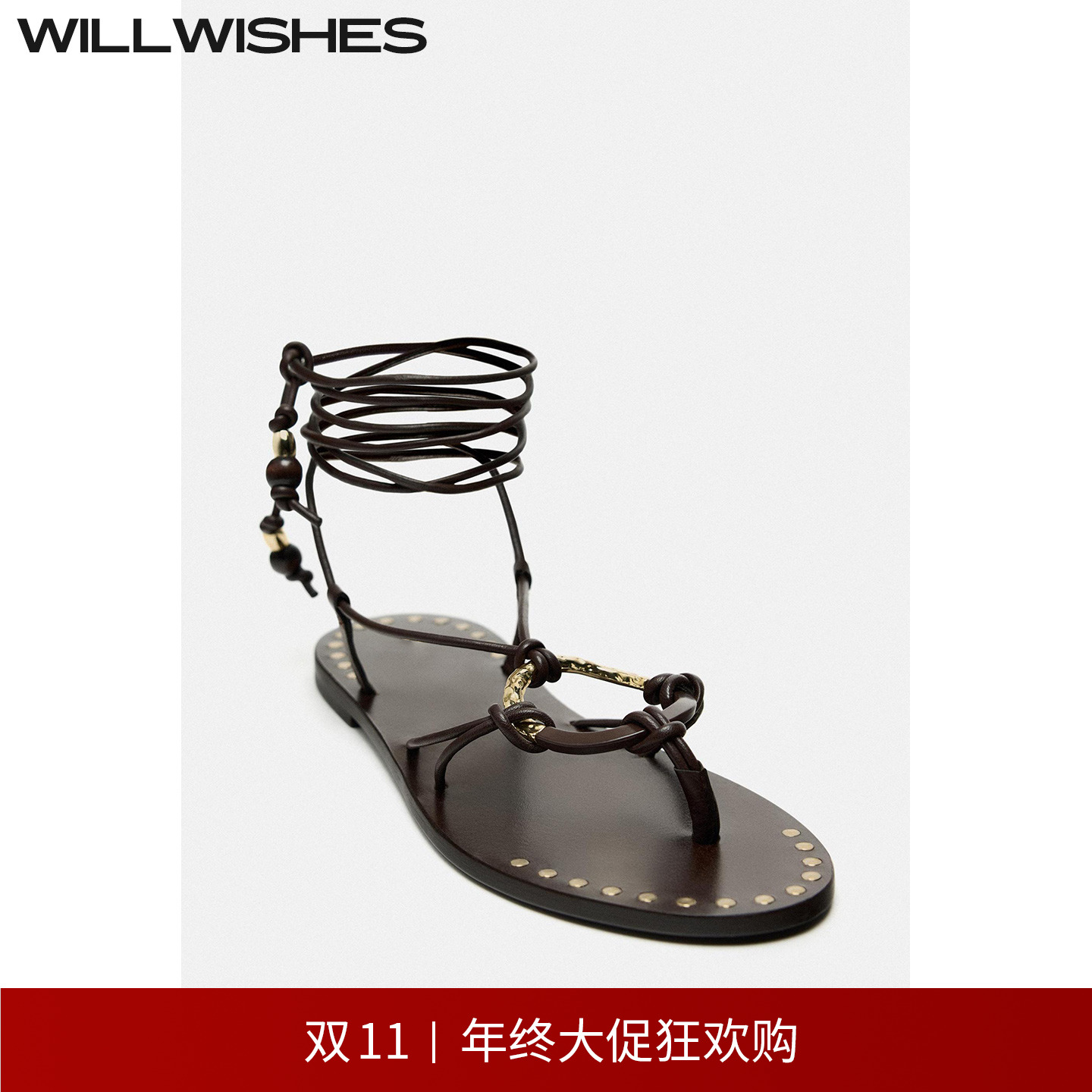 WILLWISHES 王玎设计夏季海边沙滩交叉绑带平底鞋女罗马凉鞋#448