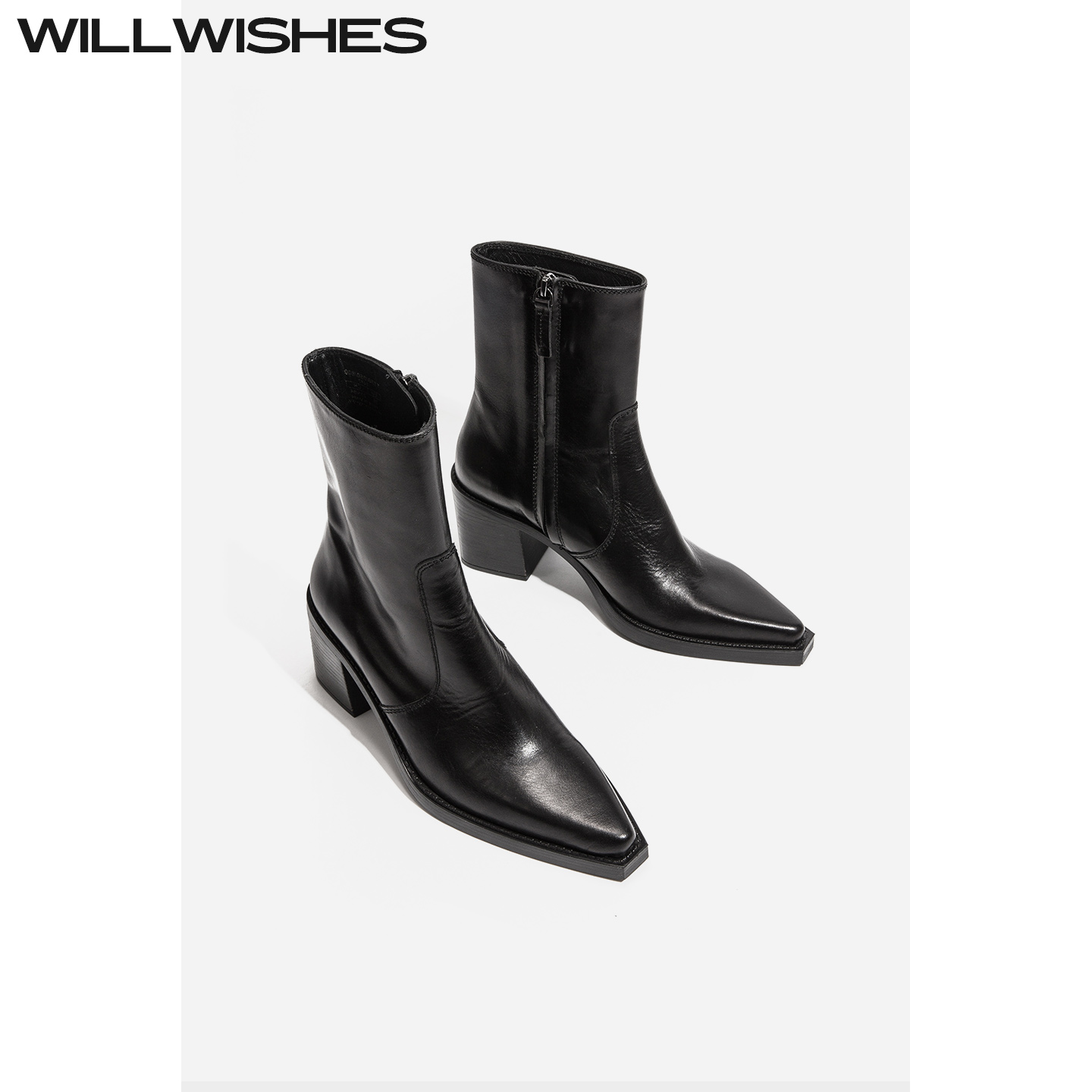 WILLWISHES尖头粗跟马丁短靴女