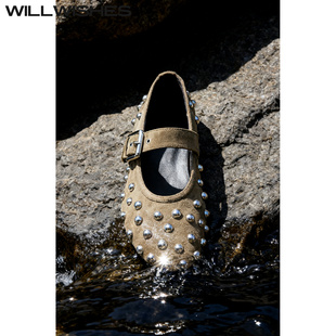 女 王玎设计 铆钉平底单鞋 复古玛丽珍鞋 25Z0936 朋克摩卡芭蕾鞋