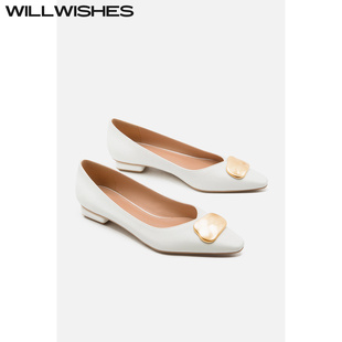 WILLWISHES 女粗跟平底鞋 6697 王玎設(shè)計(jì)通勤上班尖頭淺口單鞋