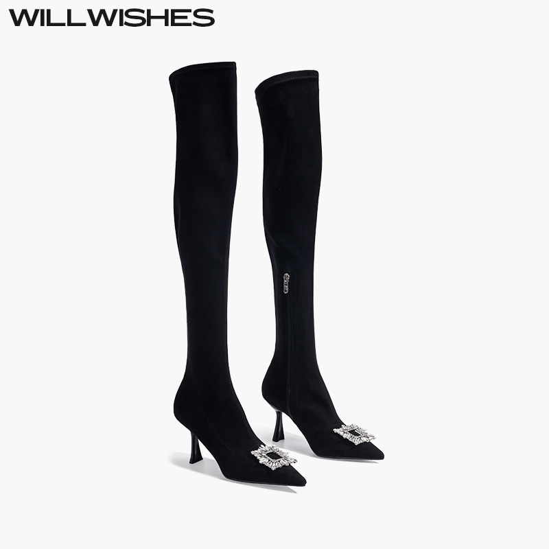 WILLWISHES尖头过膝靴高跟袜靴