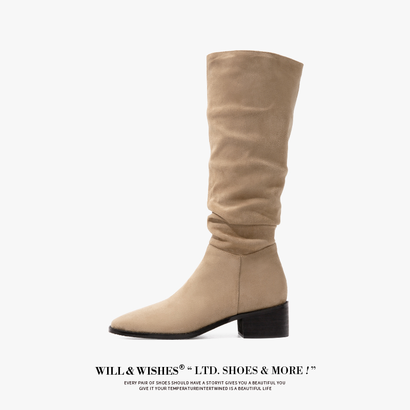 WILLWISHES复古堆堆靴粗跟高筒靴