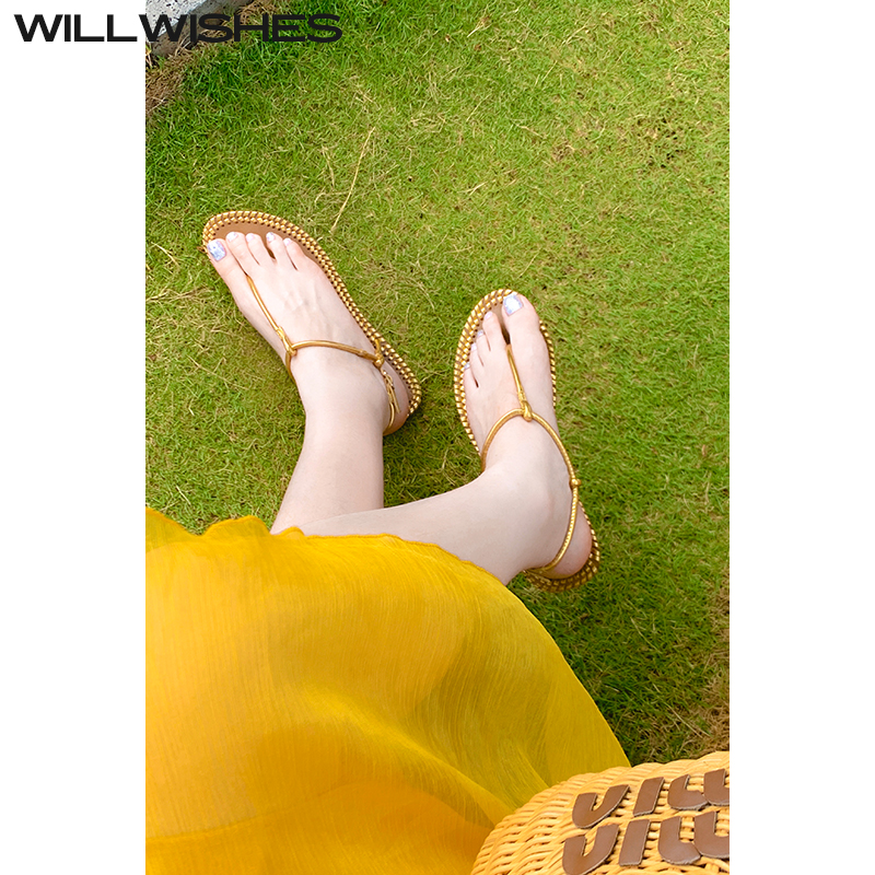 WILLWISHES 王玎设计仙女风平底鞋女春夏季时尚夹趾凉拖鞋女外穿