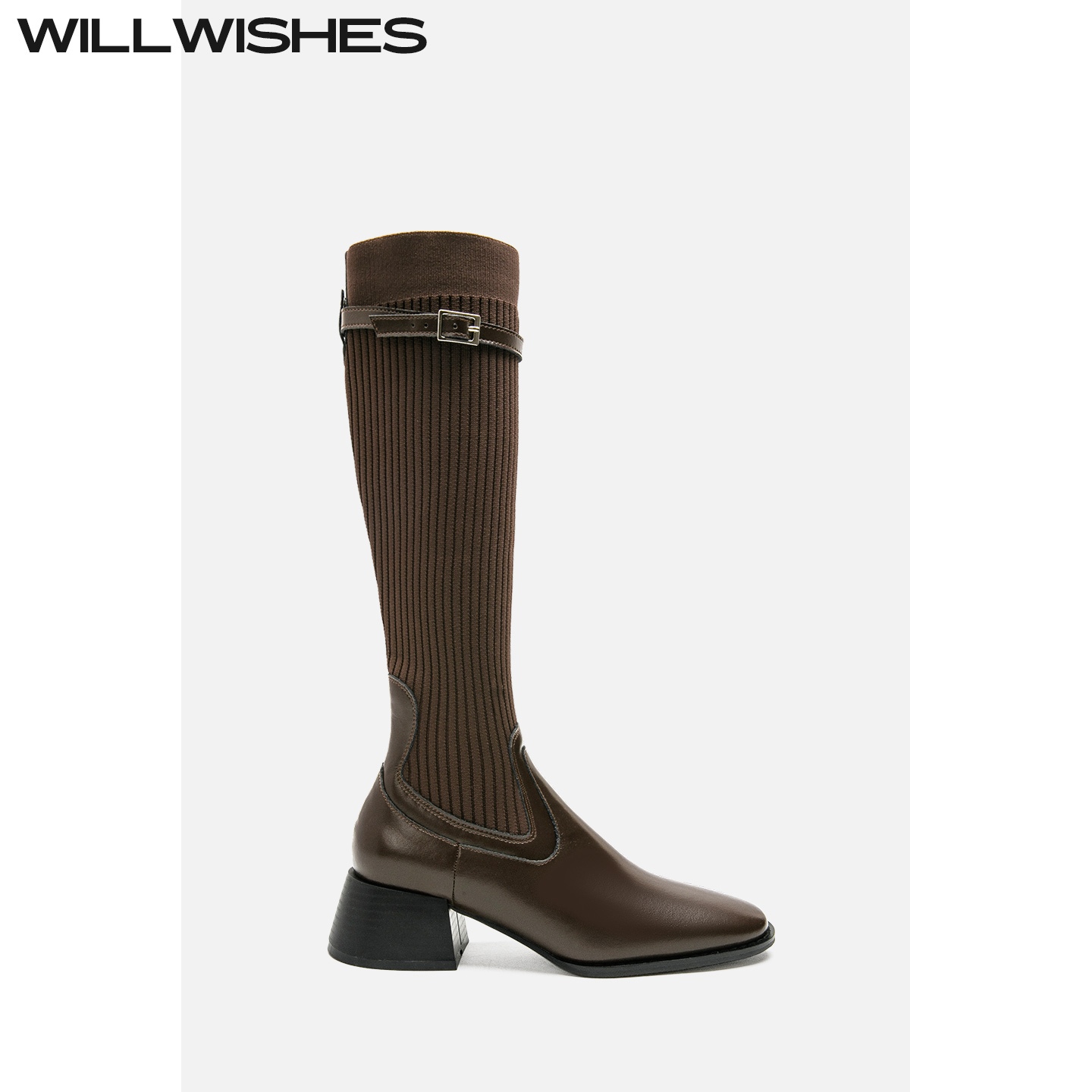 WILLWISHES不过膝粗跟长筒靴女