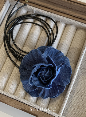 蓝色牛仔山茶花颈链choker芭蕾风甜酷少女夏季甜酷绑带颈带锁骨链