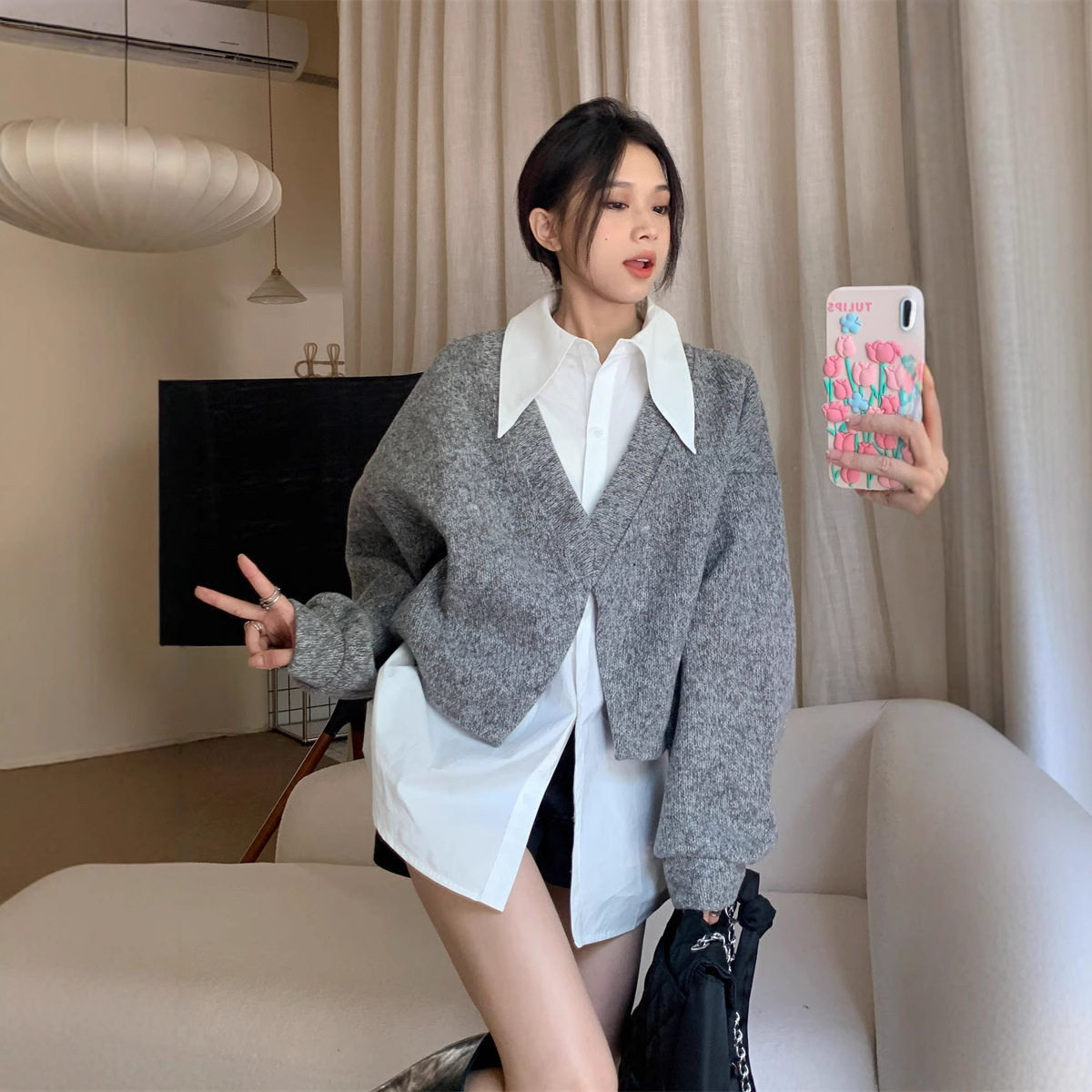 韩版时尚套装女春秋季慵懒风宽松V领开叉灰色毛衣白色衬衫两件套