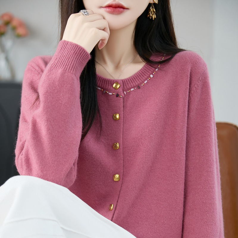 重工手工钉珠圆领毛衣外套女宽松秋冬叠穿针织开衫长袖女装上衣