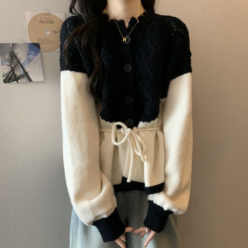 大码甜美镂空拼接撞色毛衣外套女秋冬小众别致系带收腰针织开衫潮