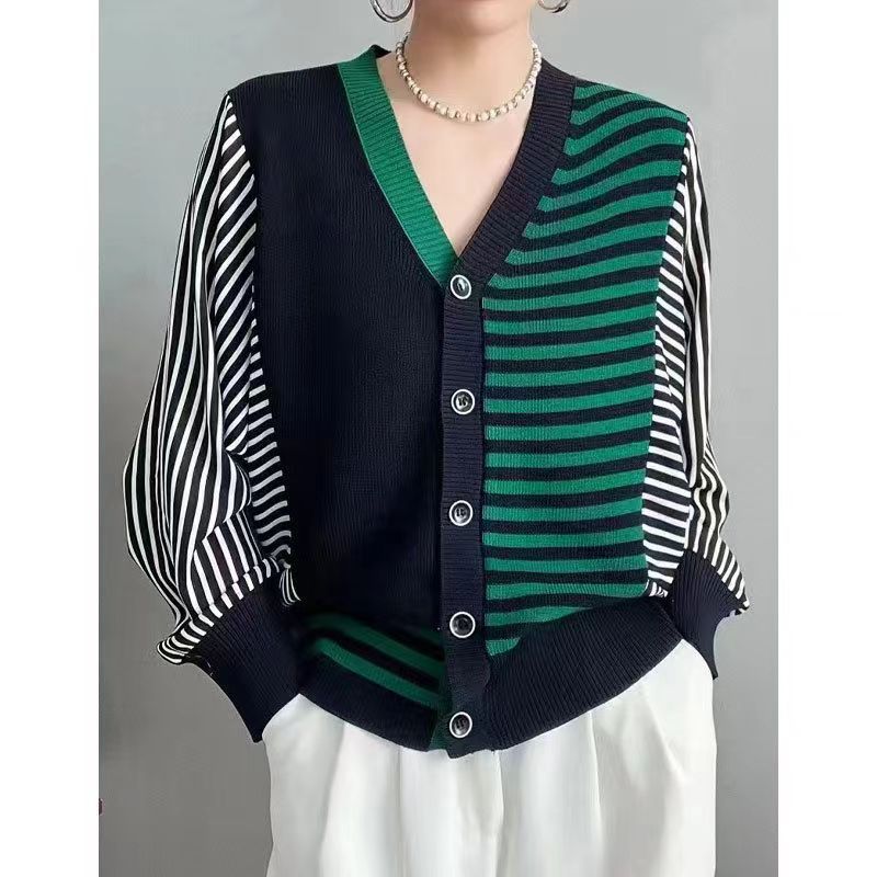 拼色2025春季新款假两件衬衫袖拼接针织开衫V领单排扣复古上衣女