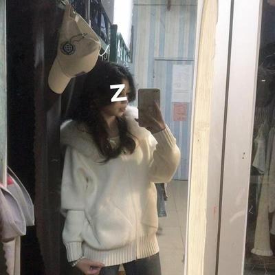 韩系软糯慵懒连帽毛领毛织开衫女秋冬新款休闲加厚针织毛衣外套