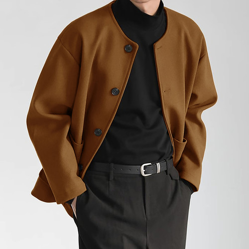 秋冬休闲夹克无领宽松廓形外套