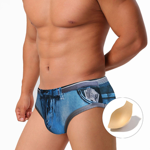 Men's swimming trunks 性感泳裤三角泳裤带罩杯仿牛仔印花沙滩裤