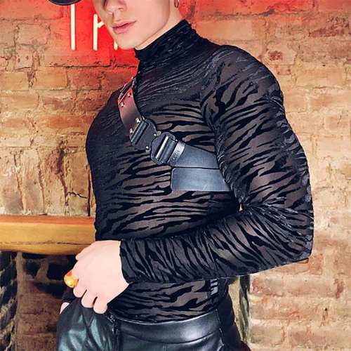 欧美男士透视紧身长袖t恤