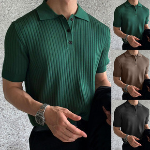 男针织潮流t恤纯色欧美休闲翻领polo衫 shirt s knitted T Men