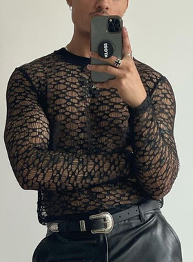 Men's Lace Cutout Slim Fit Black Slightly Sheer Top镂空T恤男