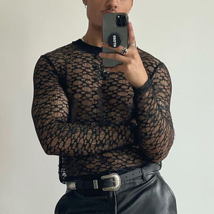 Sheer Cutout Slightly Lace Black Men Fit Top镂空T恤男 Slim