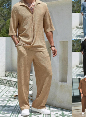 男士套装短袖衬衫长裤休闲两件套