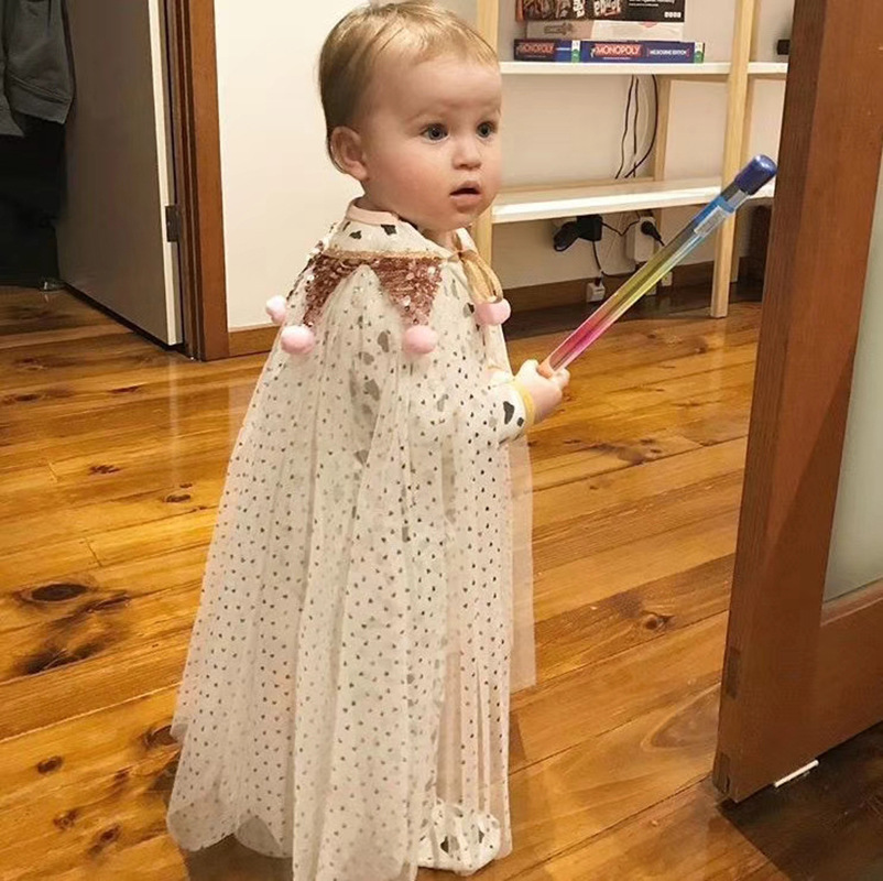 儿童网纱披风金色星星闪亮光毛球球海边公主装扮宝宝斗篷披风