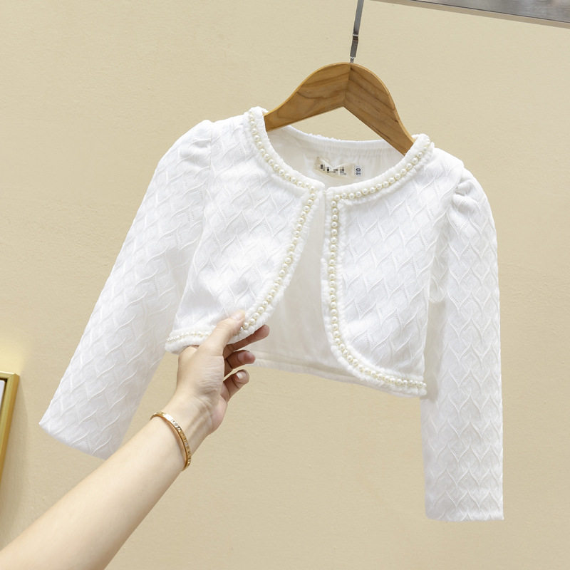 女童秋冬长袖披肩儿童洋气白色公主外搭礼服蕾丝珍珠小中大童外套