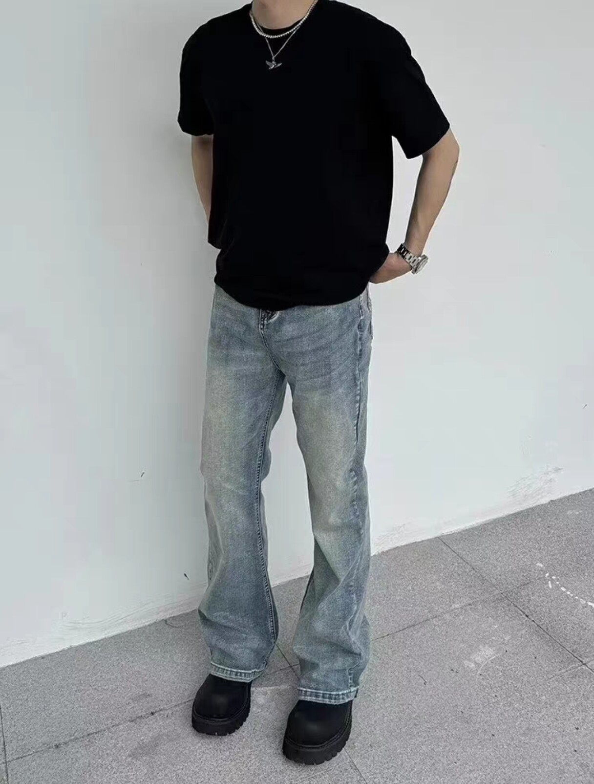 美式高街cleanfit水洗蓝色牛仔裤男直筒宽松微喇长裤vibe风裤子潮