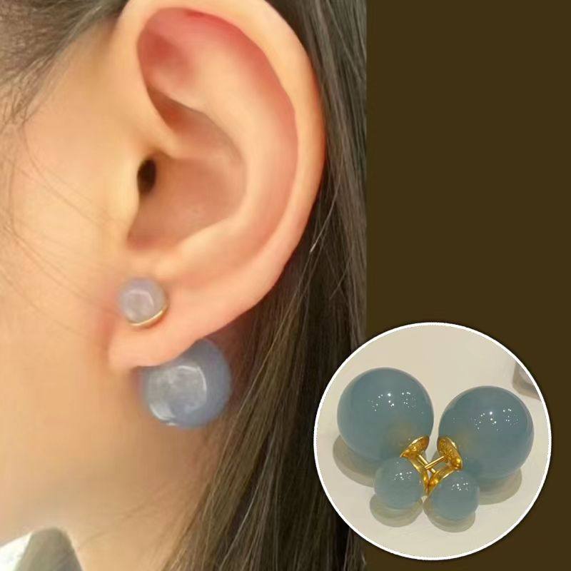 糖果系列蓝色圆球耳钉女双面佩戴简约气质显瘦小巧精致耳环饰品