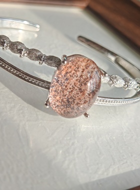 纯银银手镯镶嵌独特天然水晶粉金沙手镯一物一拍节日礼物七夕礼物