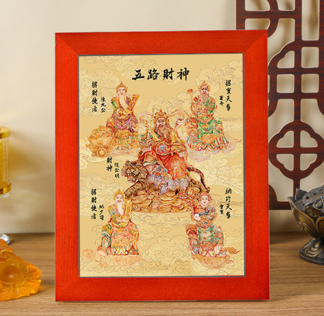 财神爷挂画五路招财神文武财神赵公明开业店铺供奉客厅玄关框画像