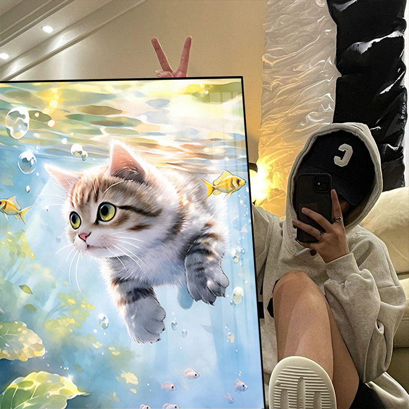 潜水治愈小猫钻石画满钻2025新款贴钻带框卧室手工贴钻线绣十字绣