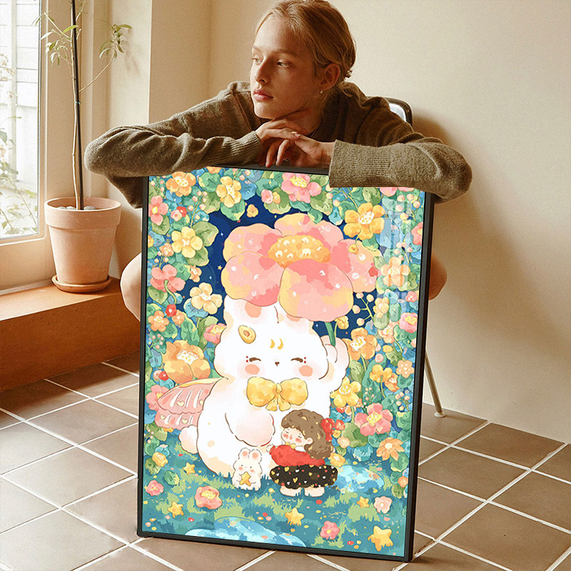 被花包围的小兔子十字绣2023新款小件卧室简约现代手工点贴钻石画