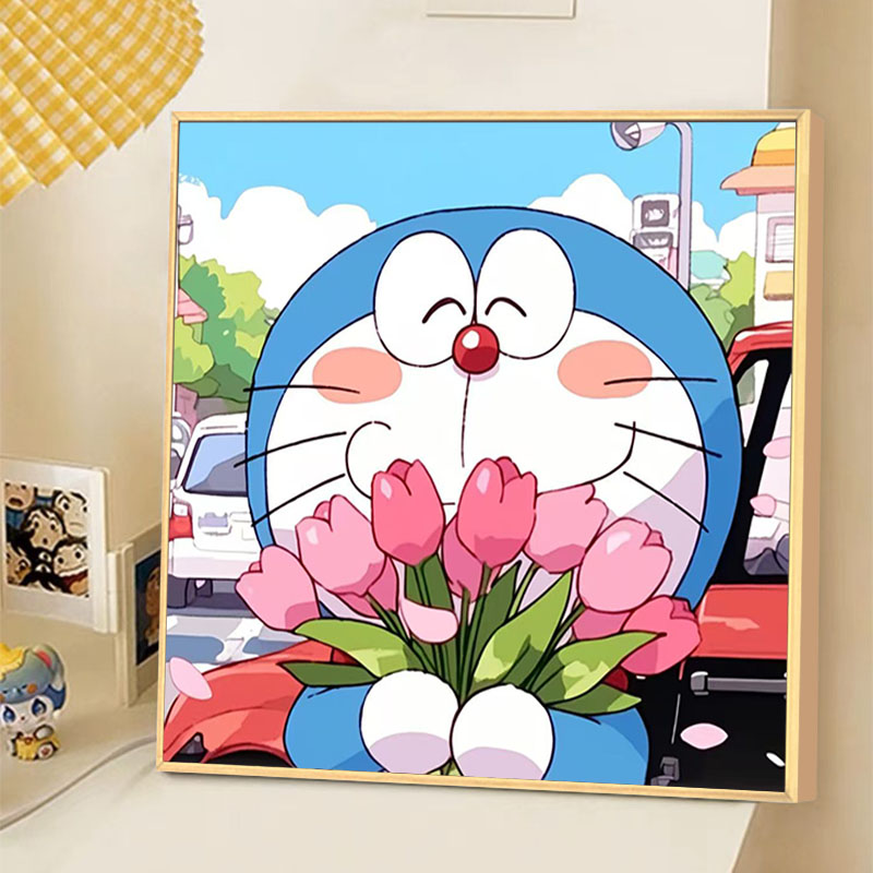 捧花叮当猫diy数字油画手工绘画填色2025新款卡通动漫解烯油彩画
