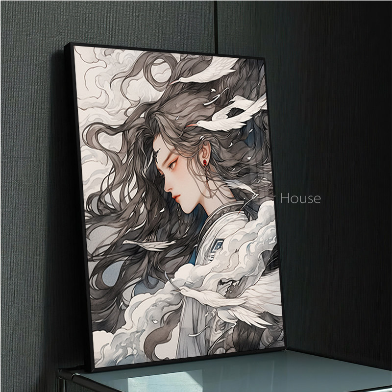 水墨人物古风钻石画2025新款满钻带框水钻十字绣线绣手工贴钻画5d