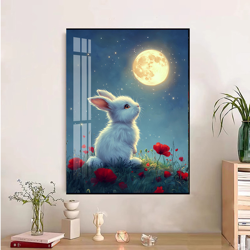 中秋小兔翘首望月钻石画2025年新款无聊解闷5d十字绣粘贴水晶钻