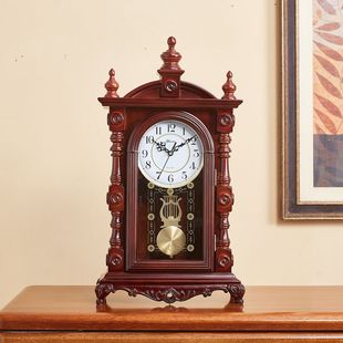 时钟摆件 钟表欧式 实木座钟整点报时复古台钟家用客厅桌面台式 中式