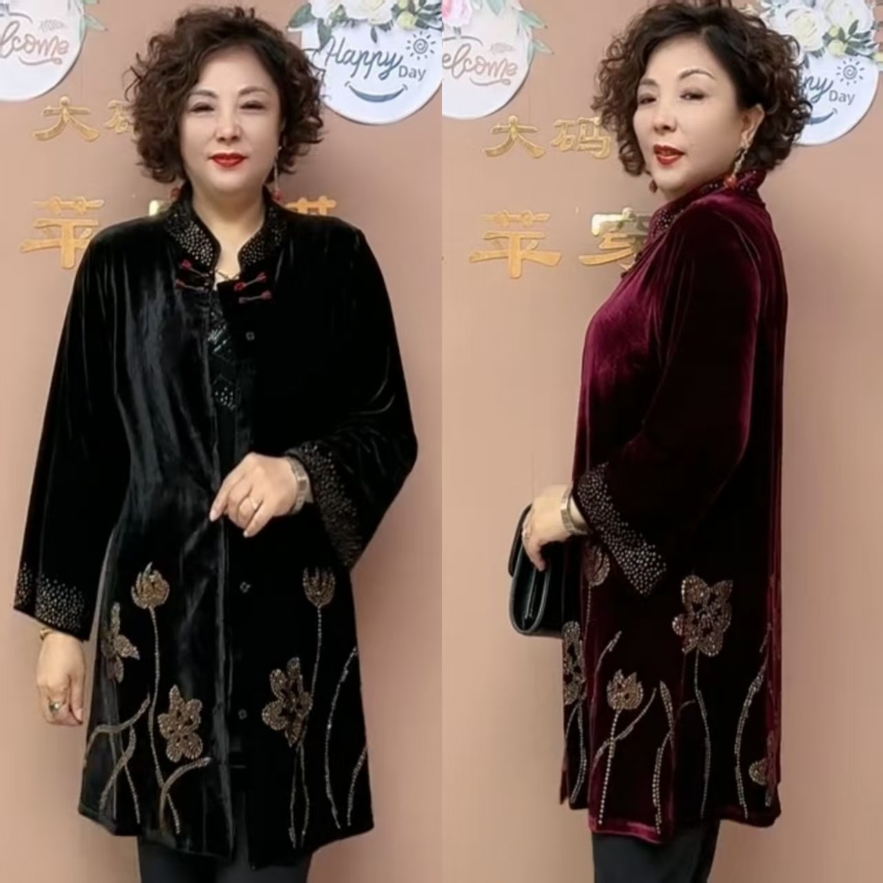 秋冬新款中老年时尚外套高级重工烫钻金丝绒上衣中长款高端妈妈装