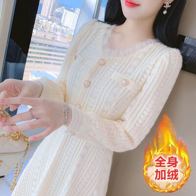 配大衣蕾丝连衣裙子女秋冬季收腰内搭打底裙冬款加绒加厚仙女长裙