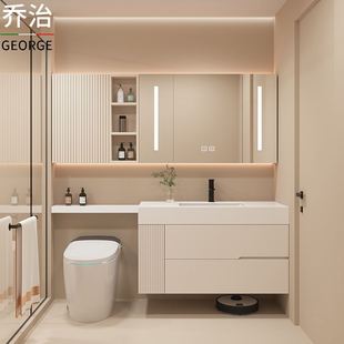 卫生间洗漱台盆柜现代日式 开放格岩板一体盆浴室柜组合洗手洗脸池
