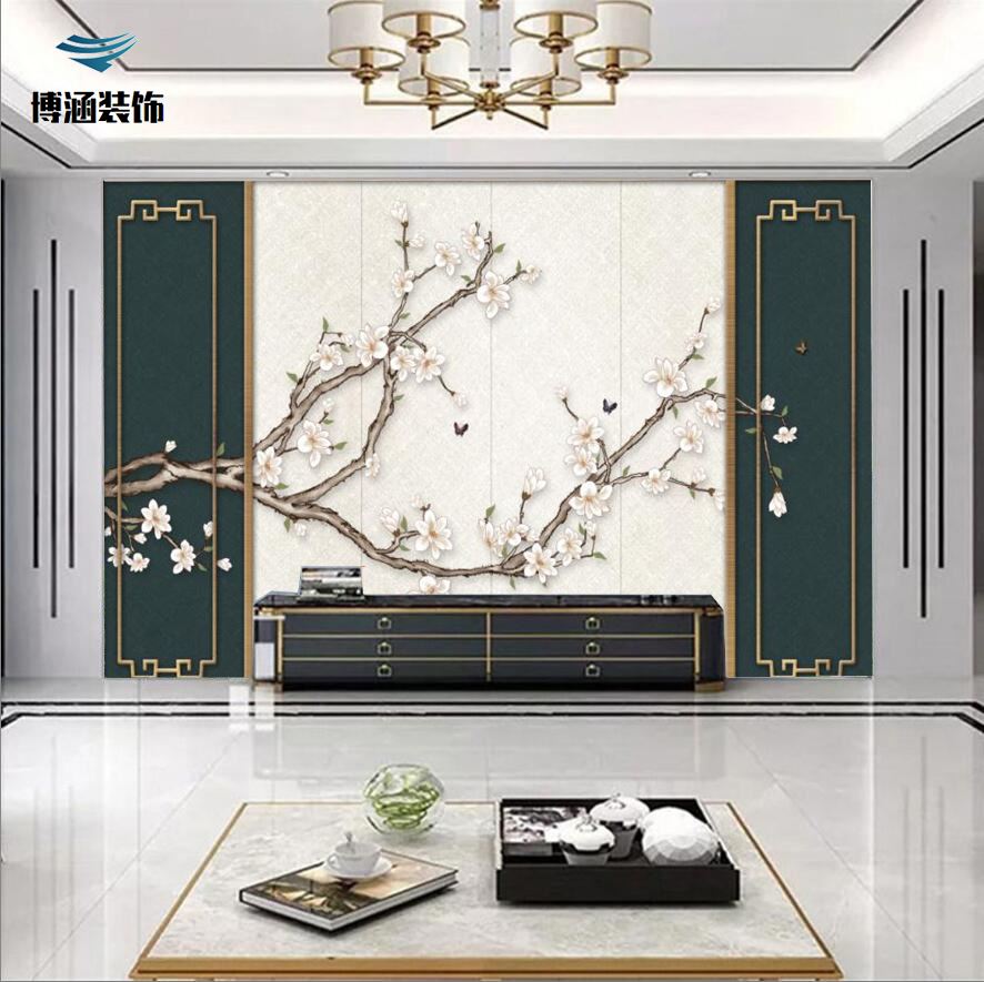 定制新中式客厅沙发电视卧室床头玄关酒店刺绣硬包背景墙壁画装饰