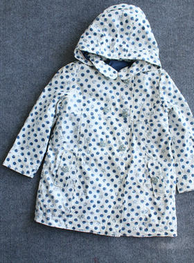 2-5女小童 连帽双排扣风雨衣风衣外套抓绒马甲2件套防风防雨波点