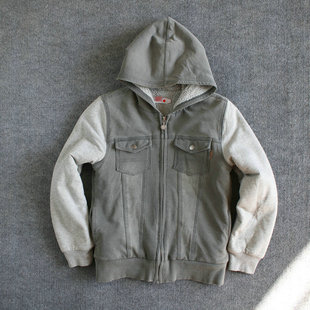 西班牙男中大童牛仔拼接水洗羊羔绒内里拉链连帽开衫秋冬保暖外套