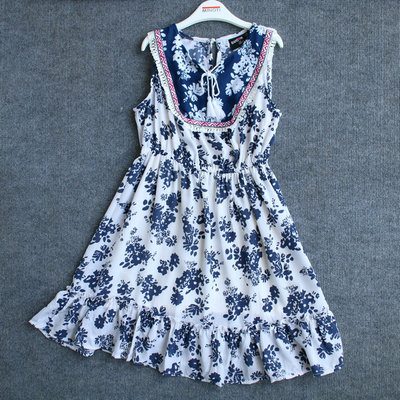 【7-12岁】女童 民族风蓝花花雪纺流苏无袖夏季凉爽连衣裙