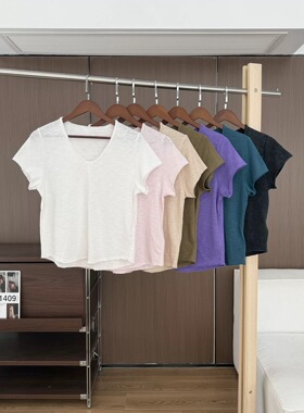 明星同款竹节棉t恤女短袖轻薄款宽松休闲v领白色上衣