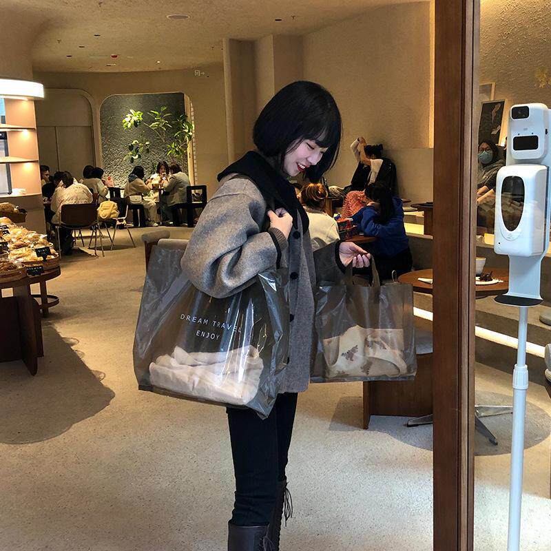 极简黑色透明塑料包装购物手提高档服装店衣服用打包袋子现货爆款