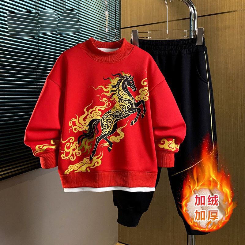 男童红色加绒套装拜年服加厚秋冬儿童运动套装