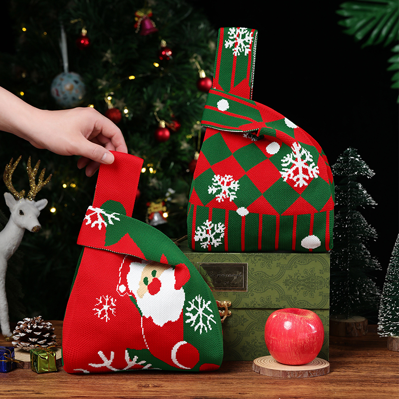 圣诞礼品袋平安夜苹果礼盒包装袋平安果装饰糖果手提针织礼物袋子