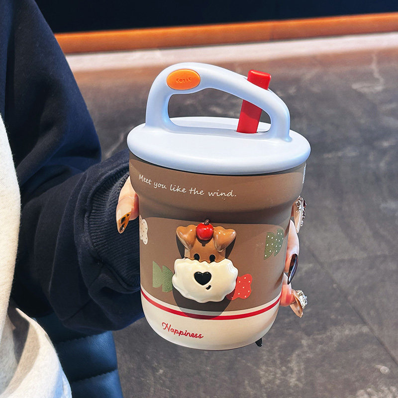 多巴胺保温杯学生上学专用高颜值陶瓷内胆水杯女生便携带勺早餐杯