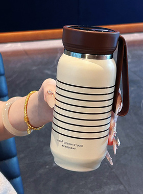 简约条纹保温杯学生上学专用高颜值直饮杯可爱便携泡茶杯茶水分离