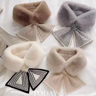 灰色毛领围脖ins毛绒秋冬季交叉仿獭ins兔毛可爱百搭围巾保暖护颈